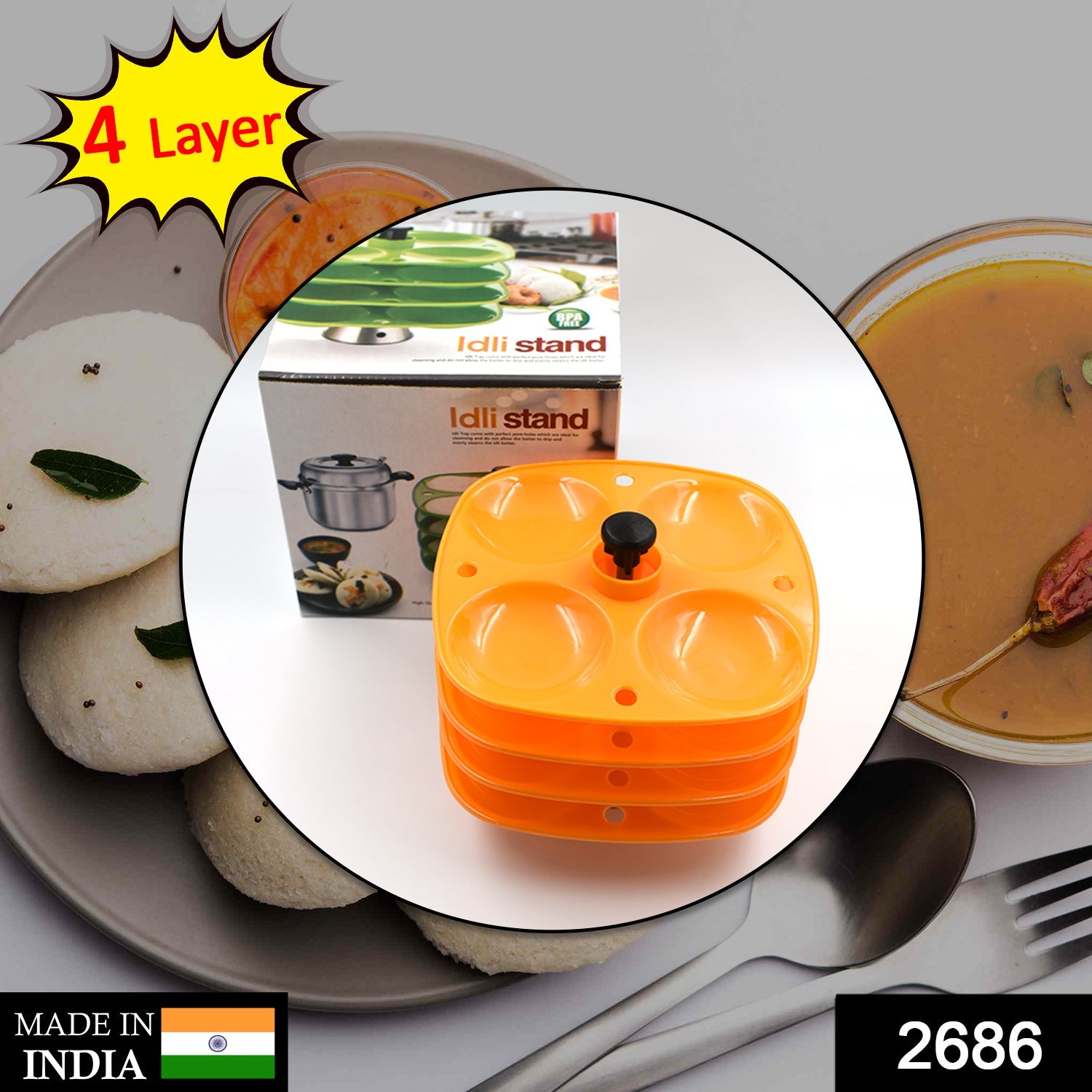 2686 4 Layer Idli Stand used in all kinds of household kitchen purposes for holding and serving idlis. 2686 4 Layer Idli Stand used in all kinds of household kitchen purposes for holding and serving idlis.